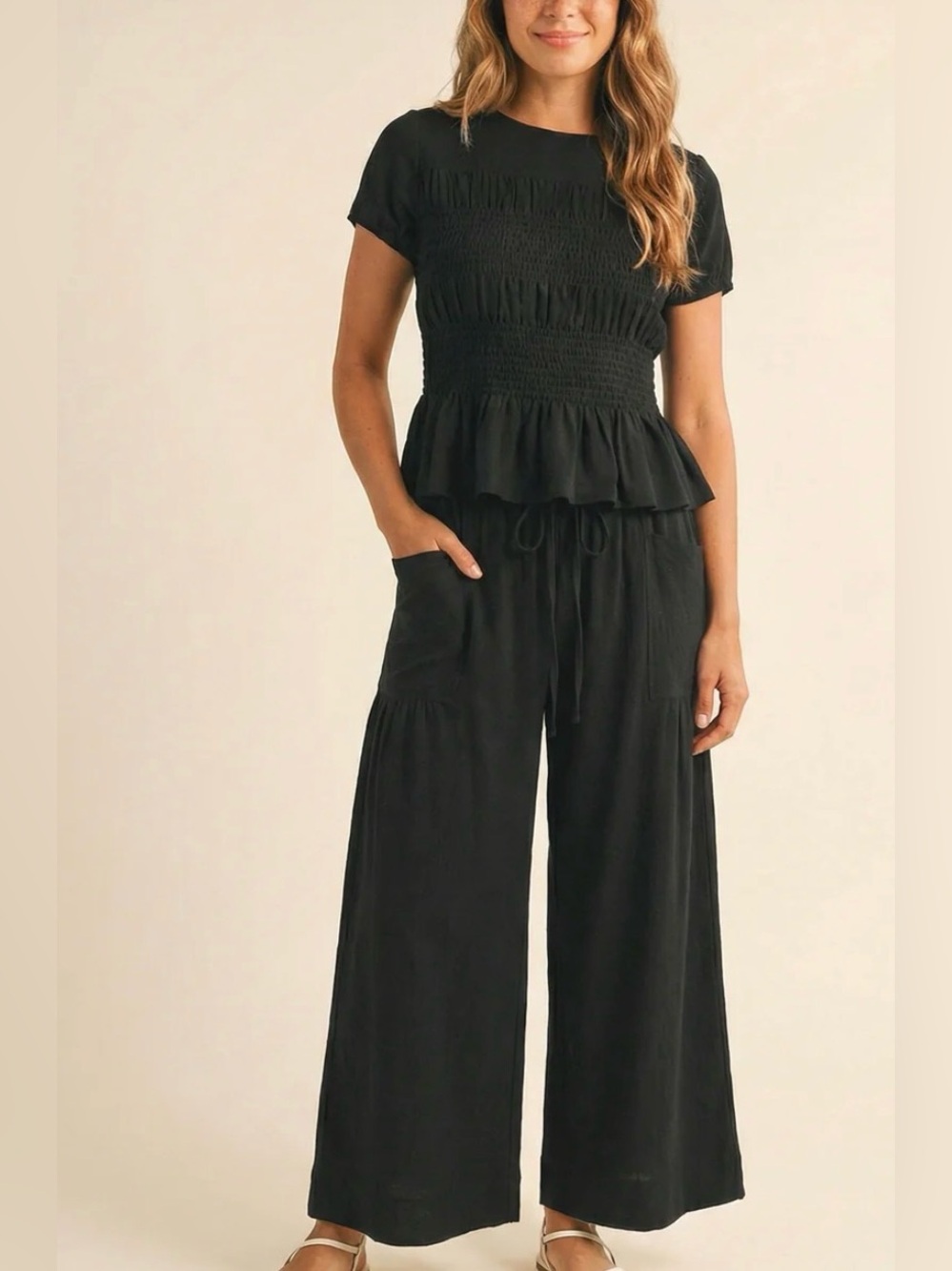 NWT Loma Women’s Black Two Piece Set with Smocked Bodice and wide leg pants